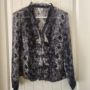 Women's Long Sleeve Snake Print Ruffled Blouse, Gray & Black, Size PS